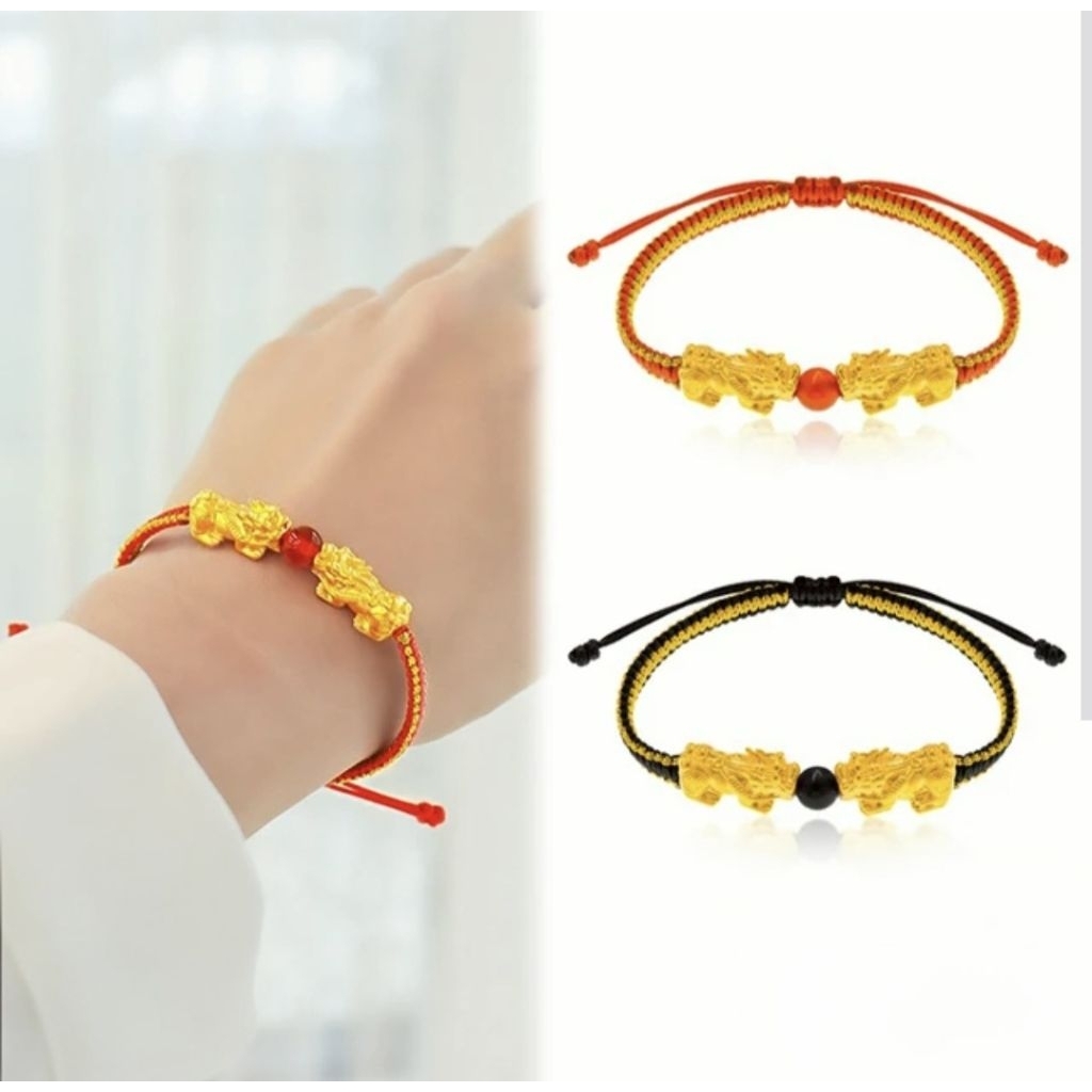 GELANG tali cina merah Emas HK 24K 999 2 charm pixiu jilin baby naga dragon gold
