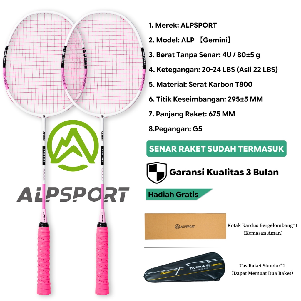 ALPSPORT SZZ Set 2 Raket Bulutangkis + Tas 4U G5 Full Carbon Serat Karbon T800 22-28Lbs Senar Pegang