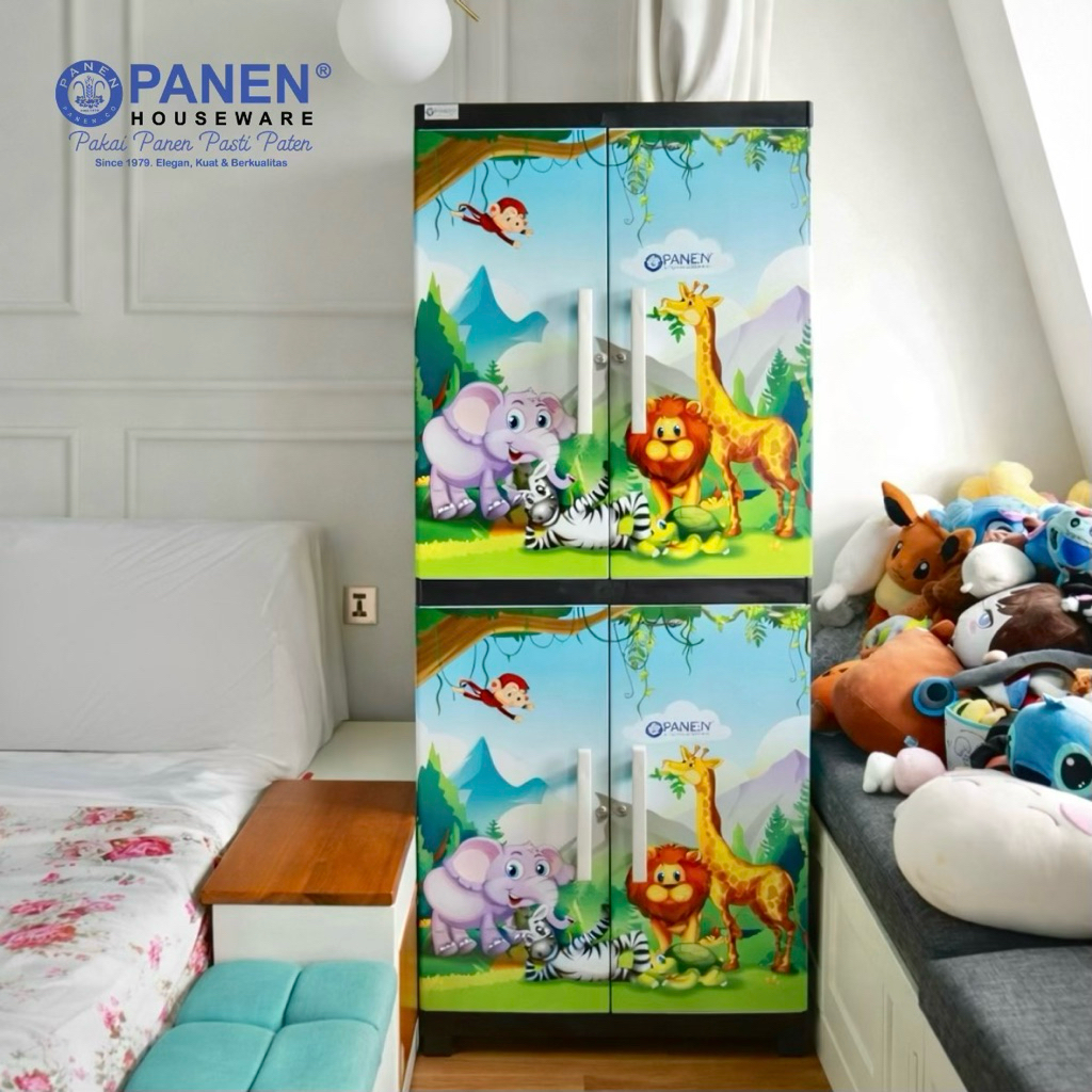 INSTANT Panen Lemari Kabinet Plastik Jumbo 4 Tingkat 4 Pintu Susun Karakter Anak