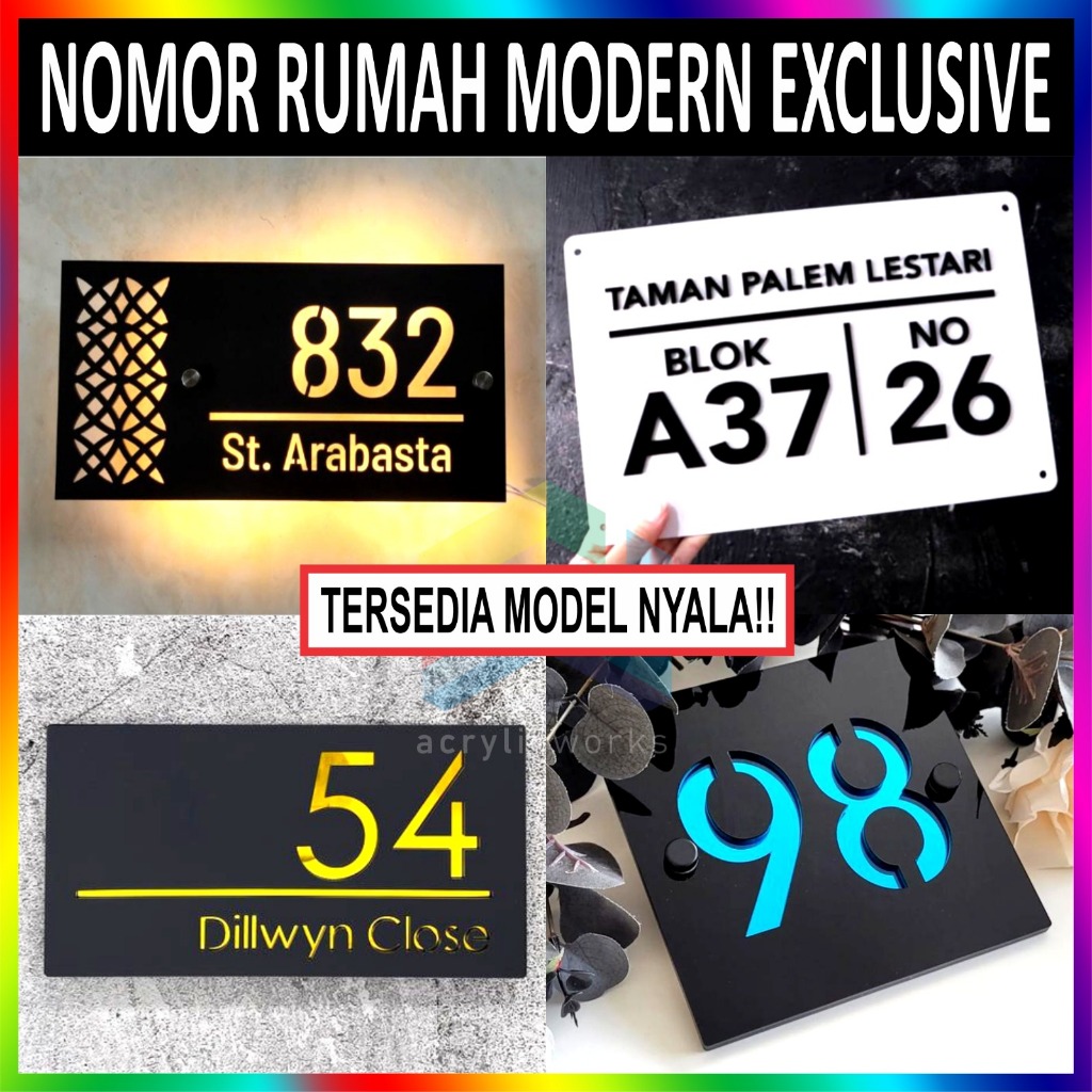 Nomor Rumah Eksklusif Negatif Timbul Nyala Acrylic Modern Minimalis