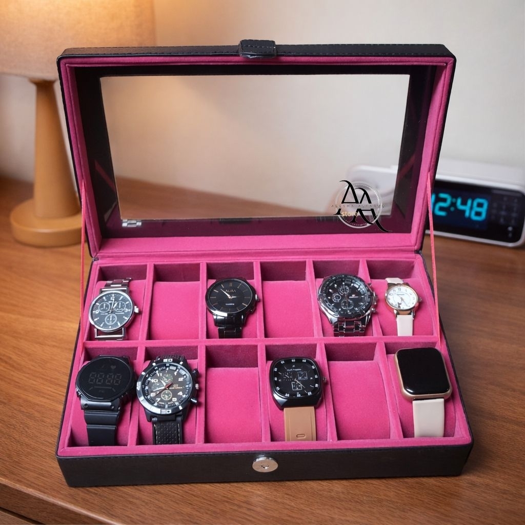 New Kotak jam tangan isi 12/ Box jam tangan isi 12/Tempat jam tangan isi 12 slot kulit sintetis berk