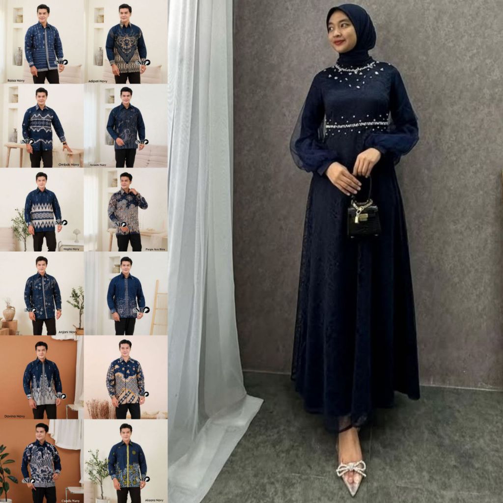 SET NADINE DRESS NAVY ORI COUPLE KEMEJA PREMIUM / CUSTOM ANAK & JUMBO / BAJU SERAGAM BATIK PASANGAN 