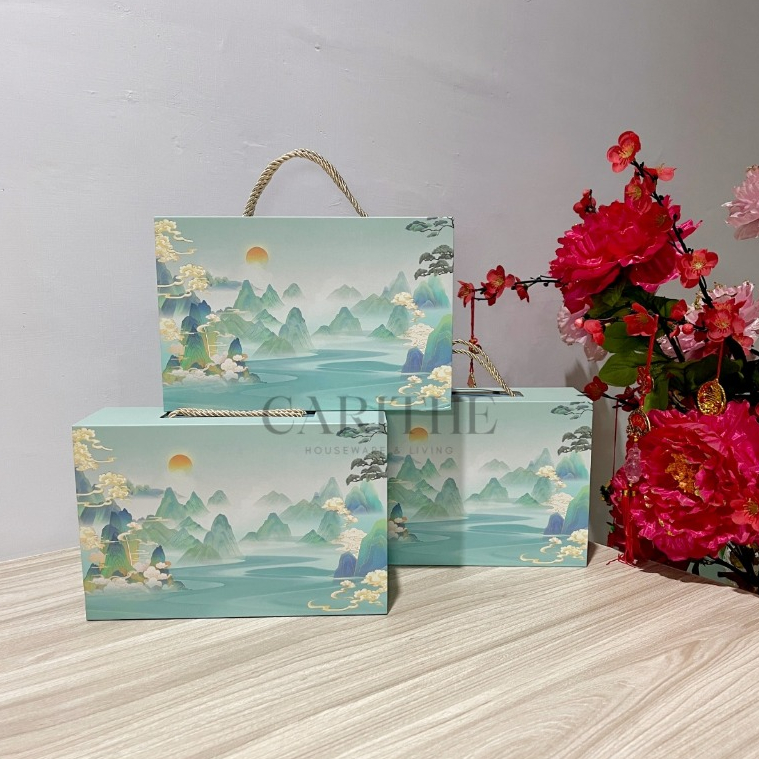 Tea Set CNY Gift Motif Persimmon dan Mountain Teko Box Hadiah Pernikahan Parcel Sincia Teko Cangkir 