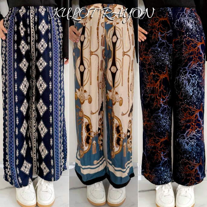 Celana Kulot Hommy Free Pouch  Motif Wanita Bahan Rayon Kulot Panjang Motif Adem Rayon Garis Kain