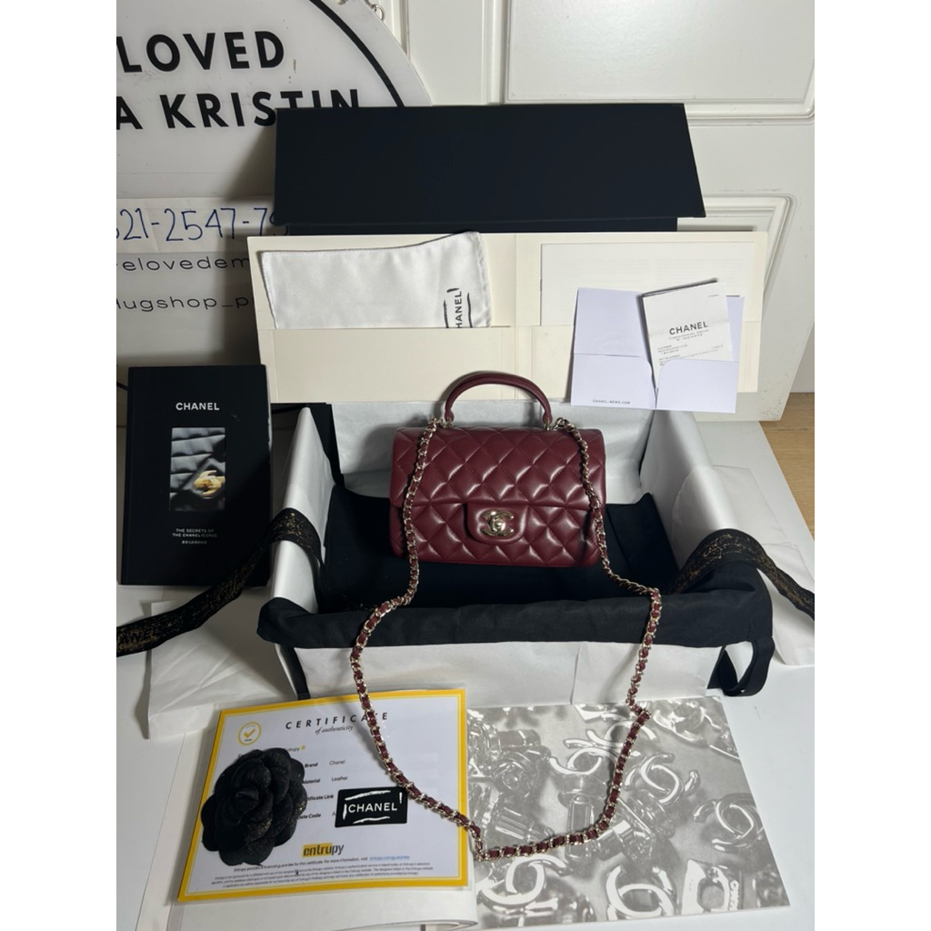 preloved mini top handle flap bag lambskin burgundy