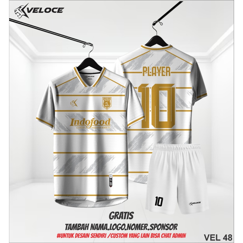 JERSEY FUTSAL CUSTUM FULLPRINTING NAMA DAN NO PUNGGUNG DEWASA ANAK KEKINIAN PUTIH GOLD GARIS