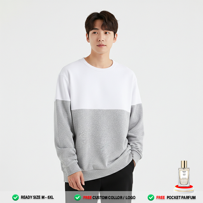 Sweater Pria Wanita ( PUTIH ABU MUDA ) Stripe Crewneck | Sweater Polos Casual Lengan Panjang Premium