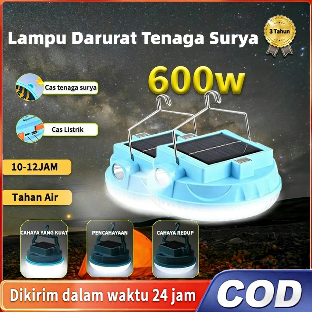 Lampu Darurat Gantung Tenaga Surya - Untuk Rumah & Camping, Panel Surya + Port USB, Garansi 1 Tahun