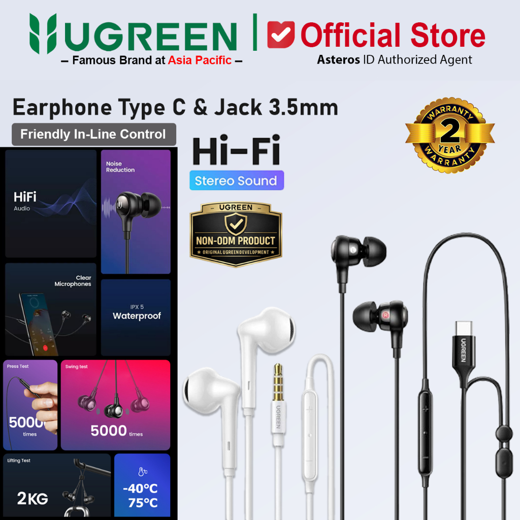 UGREEN Earphone Headset Handsfree iPhone Type C Jack 3.5mm Audio, Call, Open Mic