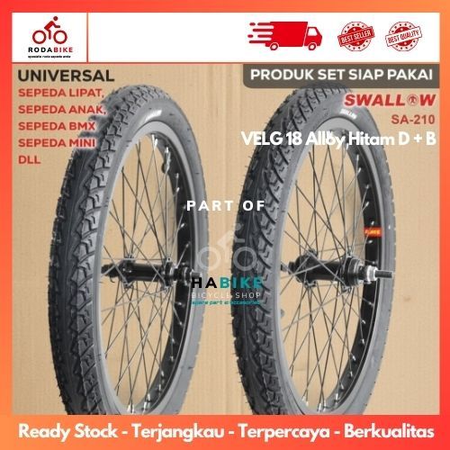 Wheelset Sepeda Velg 18" Murni Ban SWALLOW 18x2.125 Full Hitam PNP Untuk Sepeda Lipat,BMX, Dan MIni
