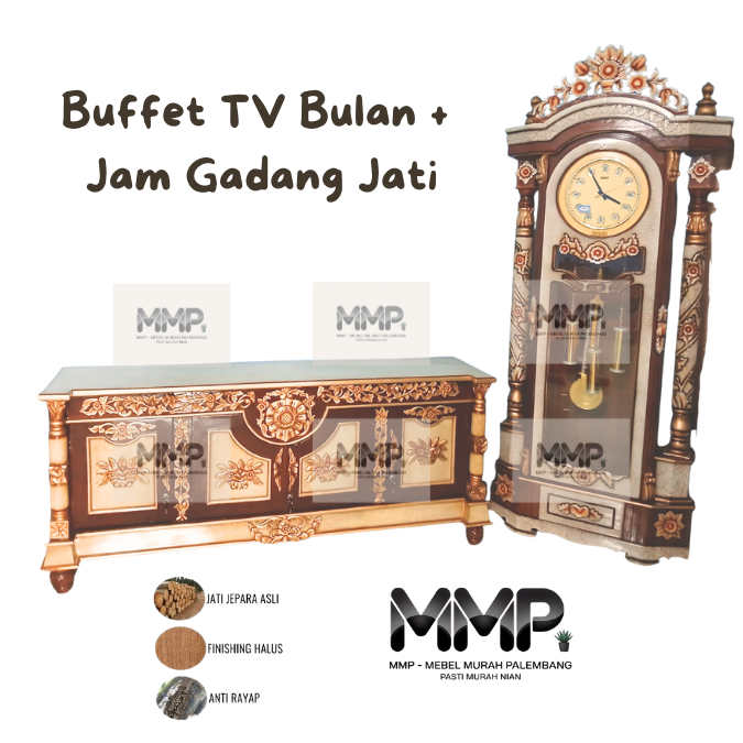Buffett TV Jati Bulan + Jam Gadang Jati  Finishing Marmer | Buffet TV Jam Gadang Jati Murah Palemban
