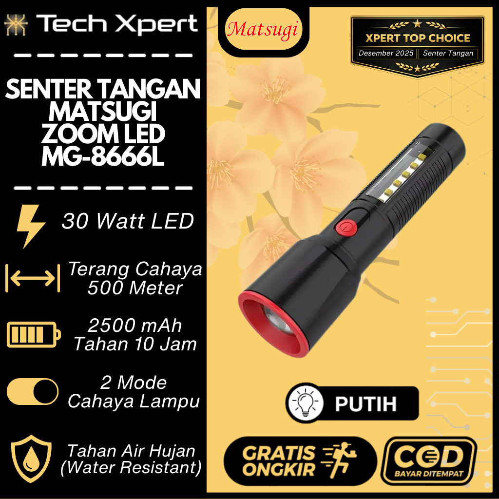 SENTER TANGAN LED ZOOM 30 W+6SMD ALUMINIUM 2 MODE MATSUGI MG-8666L WATER RESISTANT