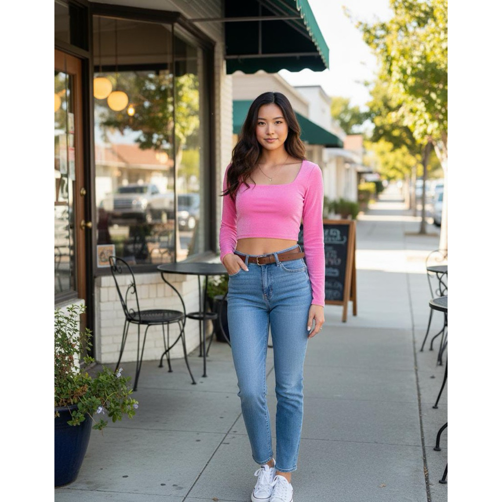 crop top Pink crop top lengan panjang atasan crop top