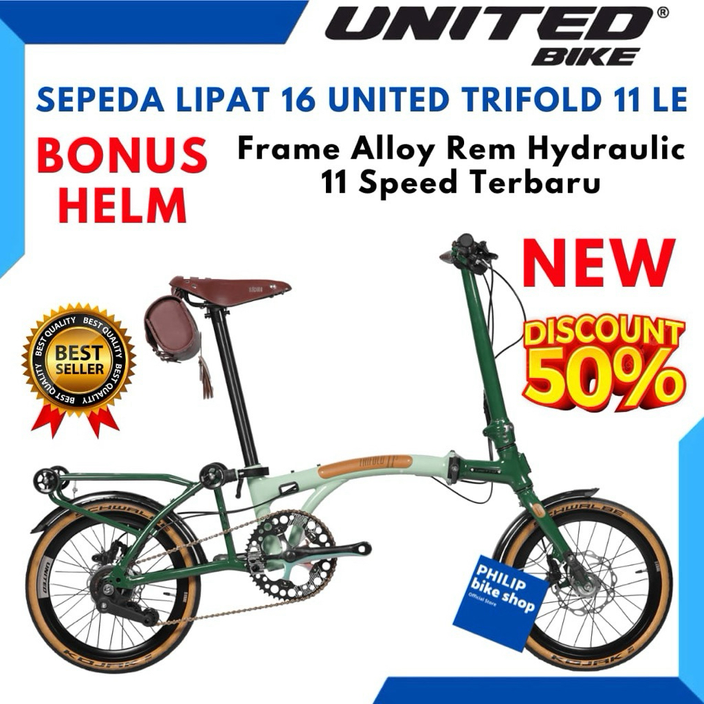 Sepeda Lipat 16 United Trifold Leather Edition Terbaru Frame Alloy 11 Speed