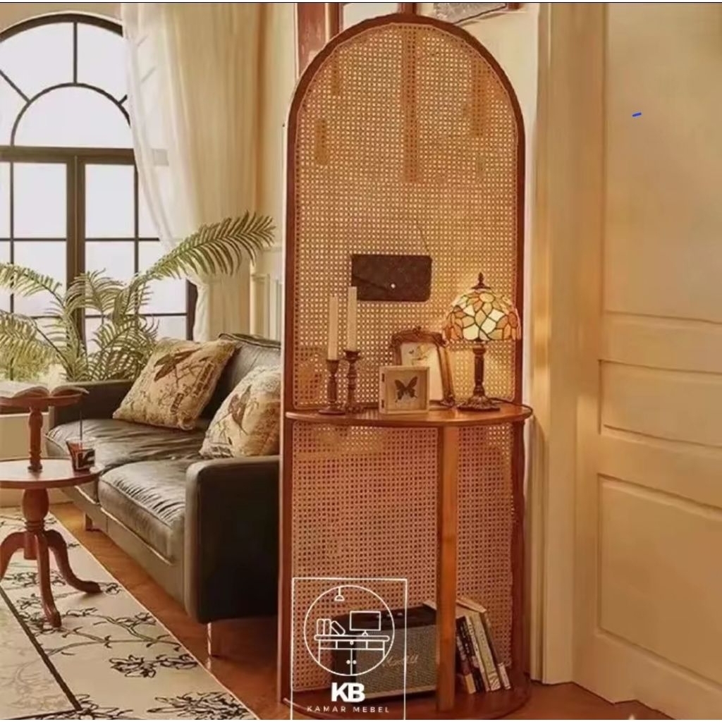 sketsel rak buku penyekat ruangan kayu jati solid rotan alami