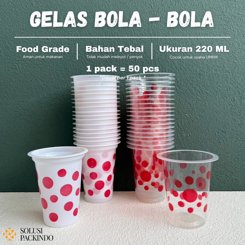 [ISI 50 PCS] GELAS PLASTIK BOLA - BOLA POLKADOT MERAH UKURAN 220ML | GELAS POLKADOT BENING | GELAS P