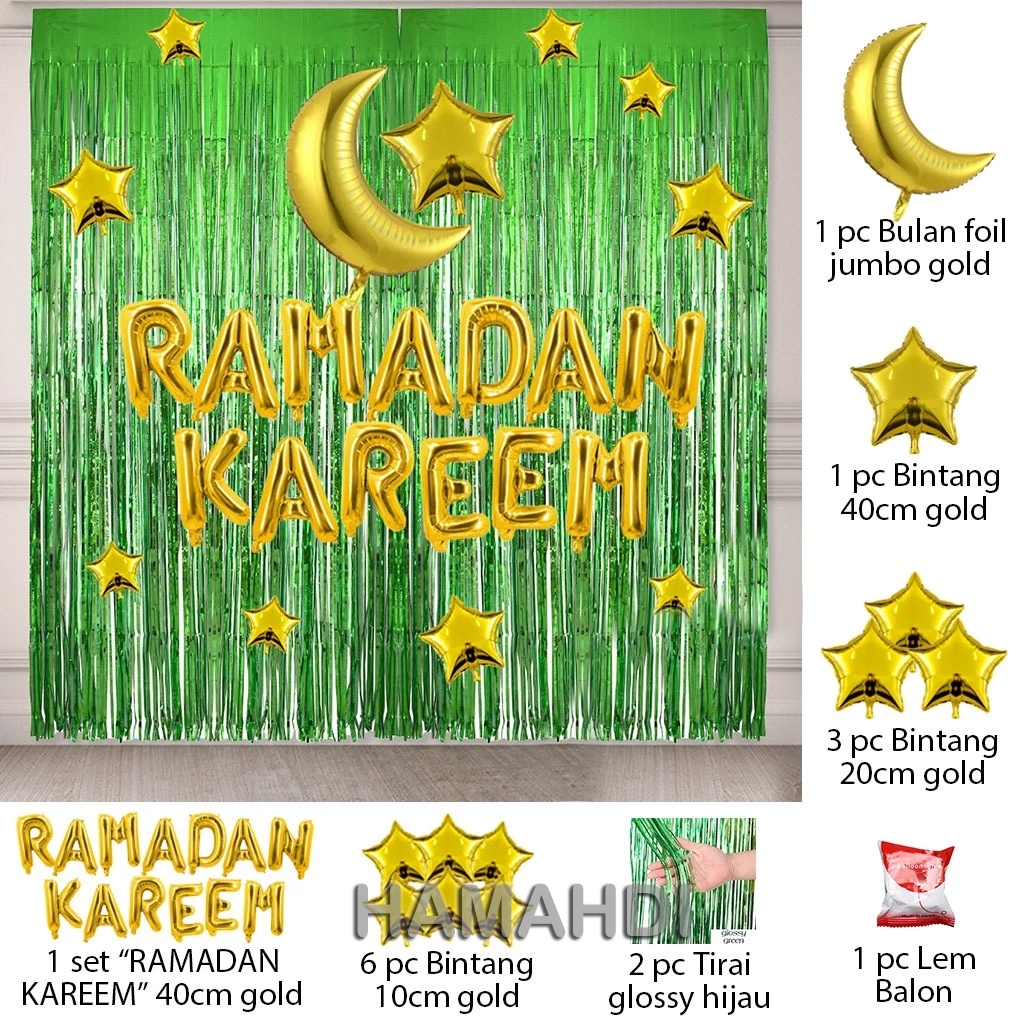 Paket Dekorasi Ramadan Kareem Tirai Warna Hijau Balon Huruf Ramadan Kareem Gold Dan Balon Sabit Gold