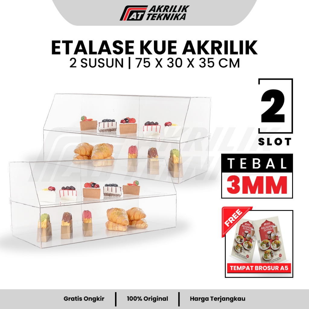 Etalase Kue Akrilik | Rak Display Roti Bakery Café Premium Tebal 3mm 2 Susun Uk 75x30x35 cm