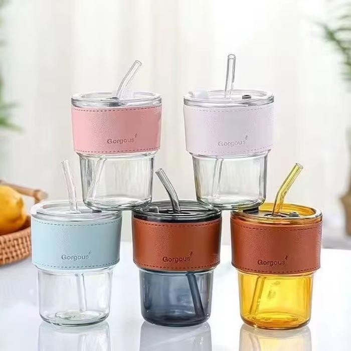 HA1577 - Gelas Kaca Tumbler 400ml Sedotan Katup Rubber Grip 4 Warna Pink Biru Hitam Coffee