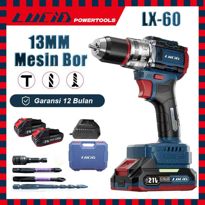 LUCID LX-60/LX-50 Brushless Mesin bor 13MM 2.0A 21V/18V Lithium Battery Bor Listrik Impact Multifunc