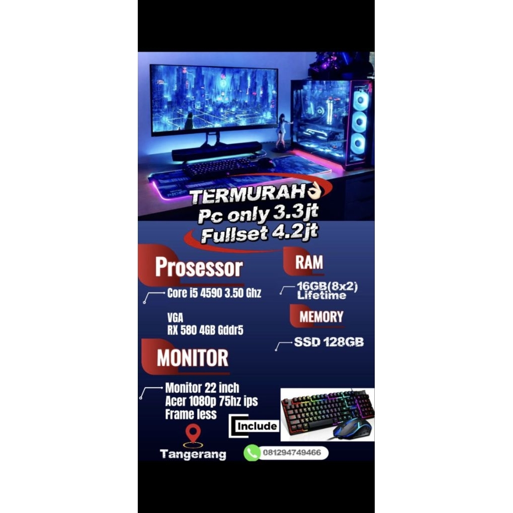TERMURAH PC Fullset Pc Rakitan Editing Pc Murah core i5 4590 3.50Ghz Ram 16GB Rx 580 4GB Gddr5 no rx