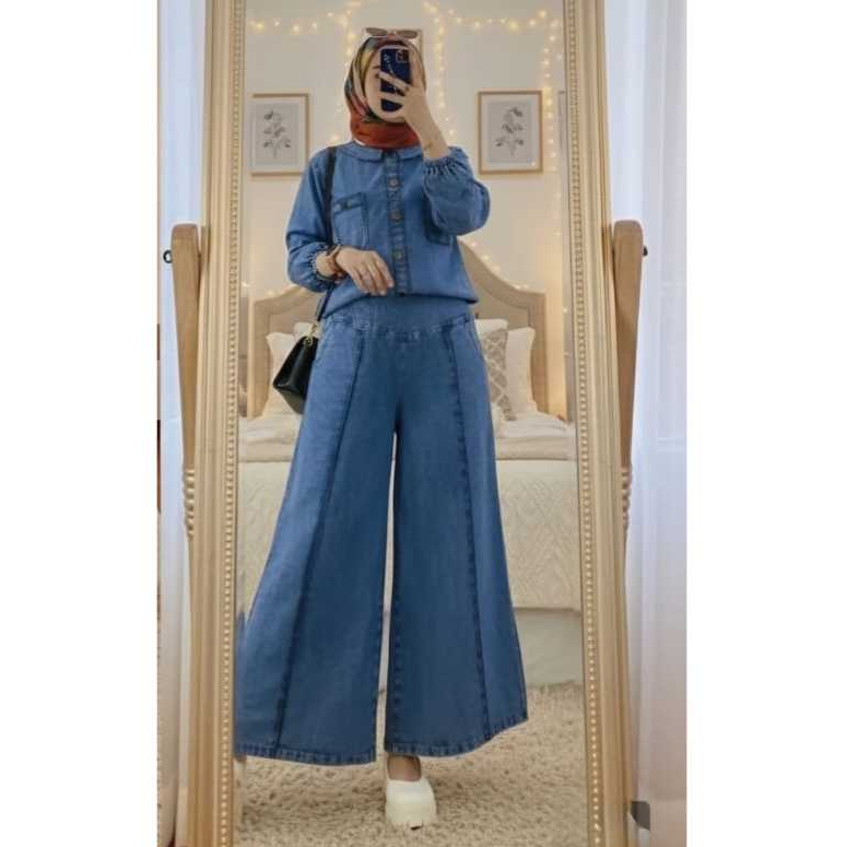 Set Long Jeans Setelan Denim Washed Setelan Celana Baju Tunik Wanita Kekinian