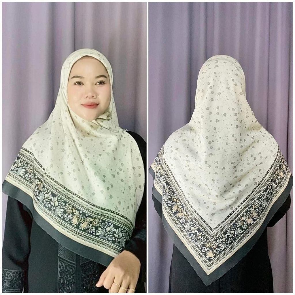 KERUDUNG SYAR'I SEGI EMPAT VOAL HIJAB MOTIF BUNGA LUSI PUTIH HITAM UK 130X130 JUMBO