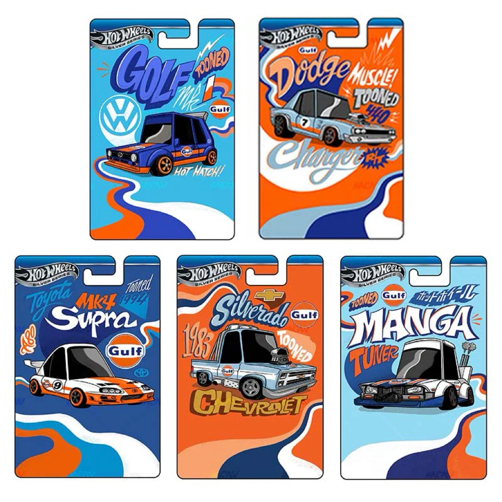Hot Wheels Gulf Tooned 83 Chevy Silverado 70 Dodge Charger Manga Tuner VW Golf MK1 Tooned series