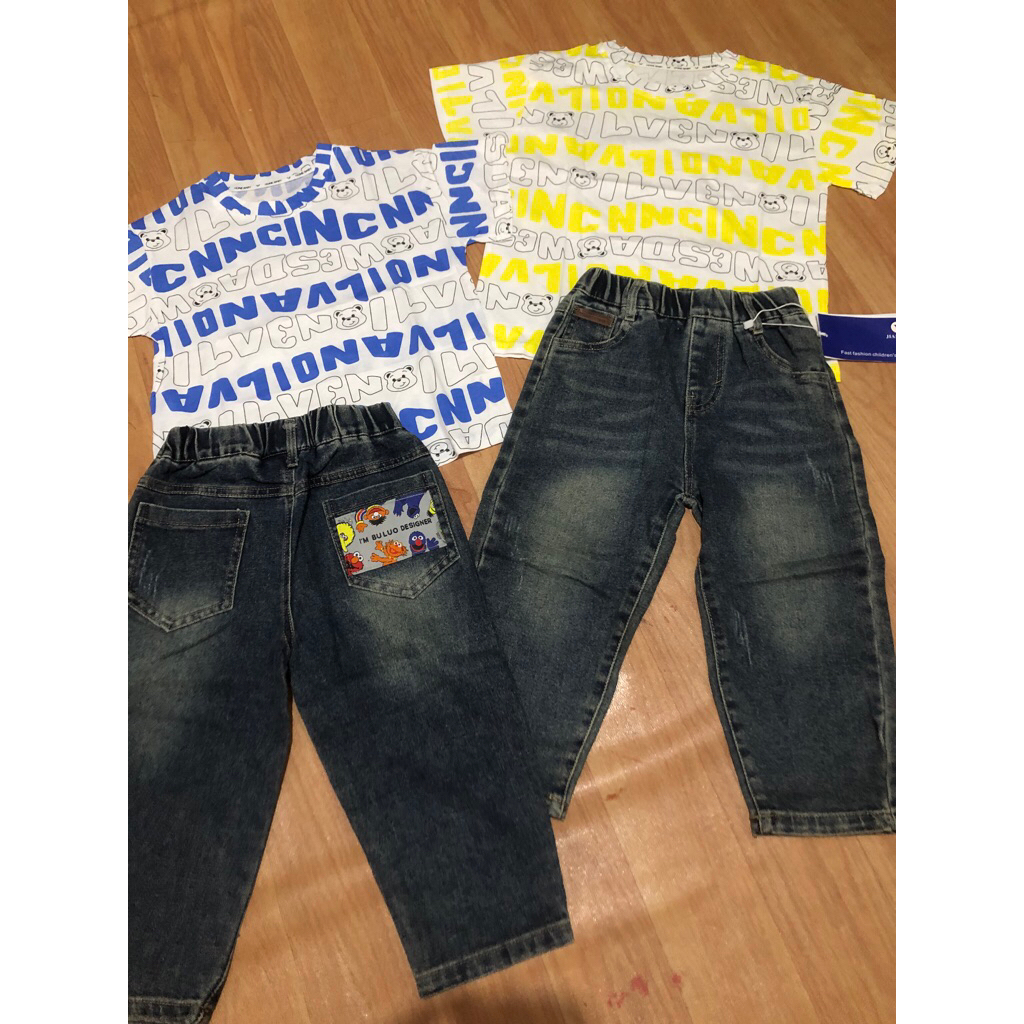 setelan anak laki-laki setelan anak cowok pakaian kaos adem celana levis kode putih kuning