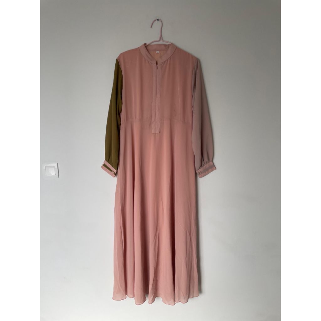 One Set Dress + Jilbab Kerudung Gamis Longdress Maxi Midi Lengan Panjang Muslim Hijab Pink Motif Mot