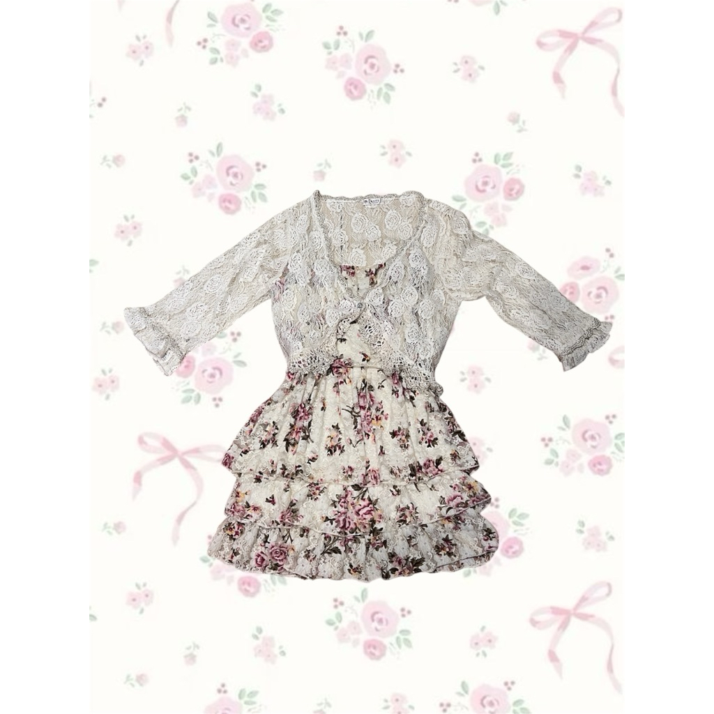 Set Floral Pink Vintage Brocade Knit Axes Femme Kawaii Mori Kei Shabby Lace Cardigan Liz Lisa dupes 