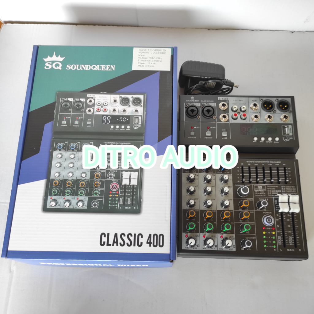 SOUNDQUEEN Mixer 4 Chanel Classic 400 Baru Reverb 99 DSP USB Bluetooth 7 Band EQ
