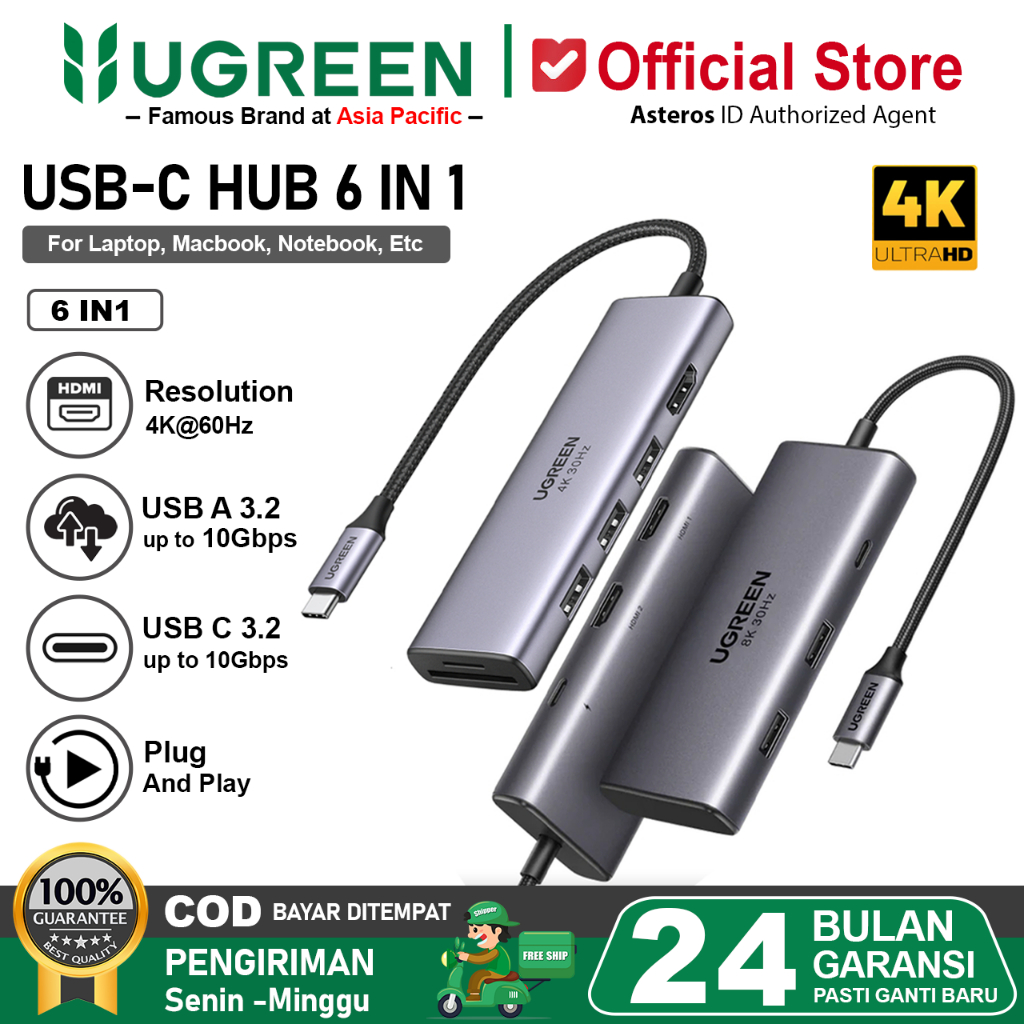 UGREEN Hub 6IN1 Type C to Dual HDMI 8K/30Hz 4K/60Hz USB 3.0 PD 100w Fast Charging 15852