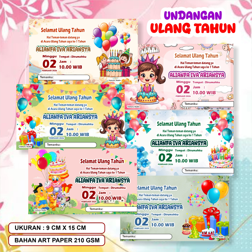 ( FREE PLASTIK ) UNDANGAN ULANG TAHUN, Anak ada 6 Desain Pilihan, Ukuran 15 cm x 9 cm Berbahan Art P