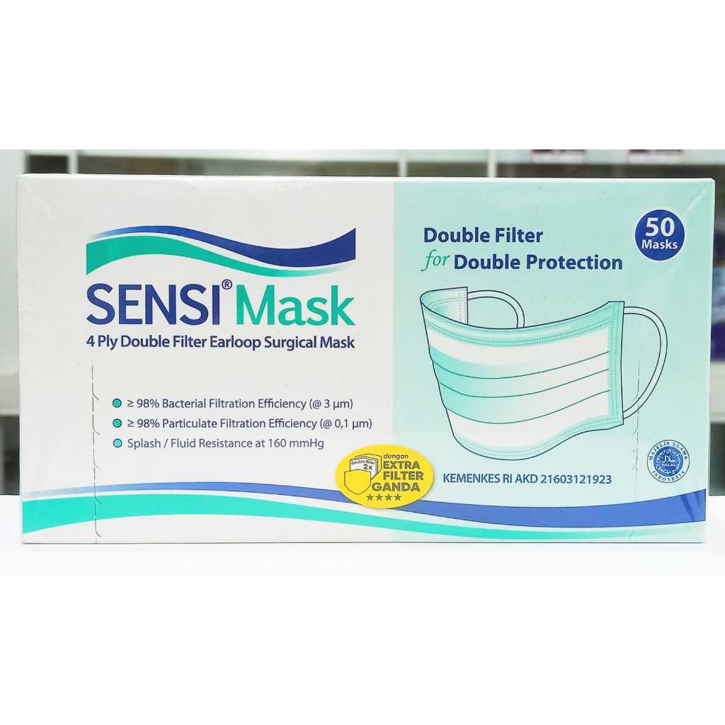 SENSI MASK 4PLY DOUBLE FILTER EARLOOP SURGICAL MASK (1 KOTAK ISI @50 PCS) - MASKER MEDIS NON LATEX