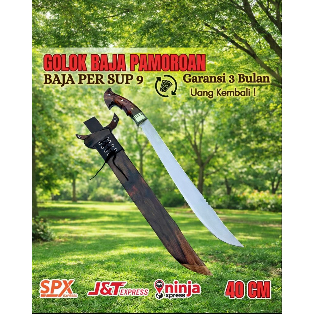 Golok Pamoroan Baja Per Sup 9 Asli – Bilah 40 cm Tebal 4 mm | Full Tang | Sarung & Handle Sonokeling