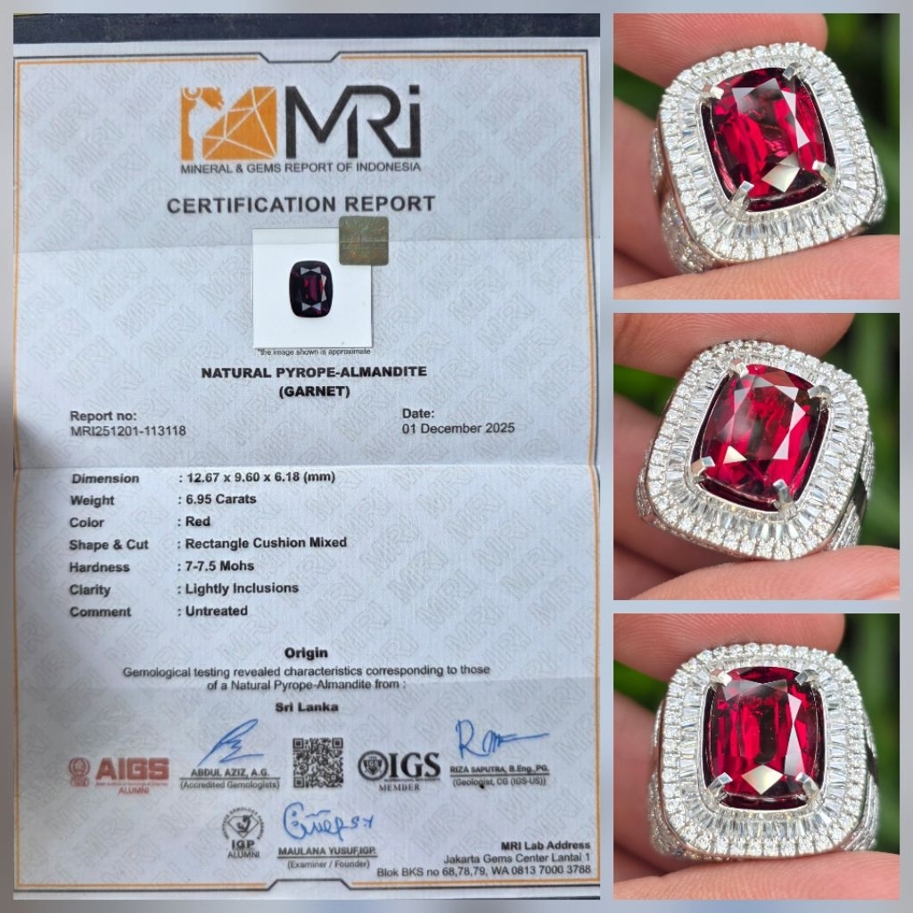 Batu Natural HQ Red Garnet Ceylon Sri Lanka Sertifikat 6.95 crt
