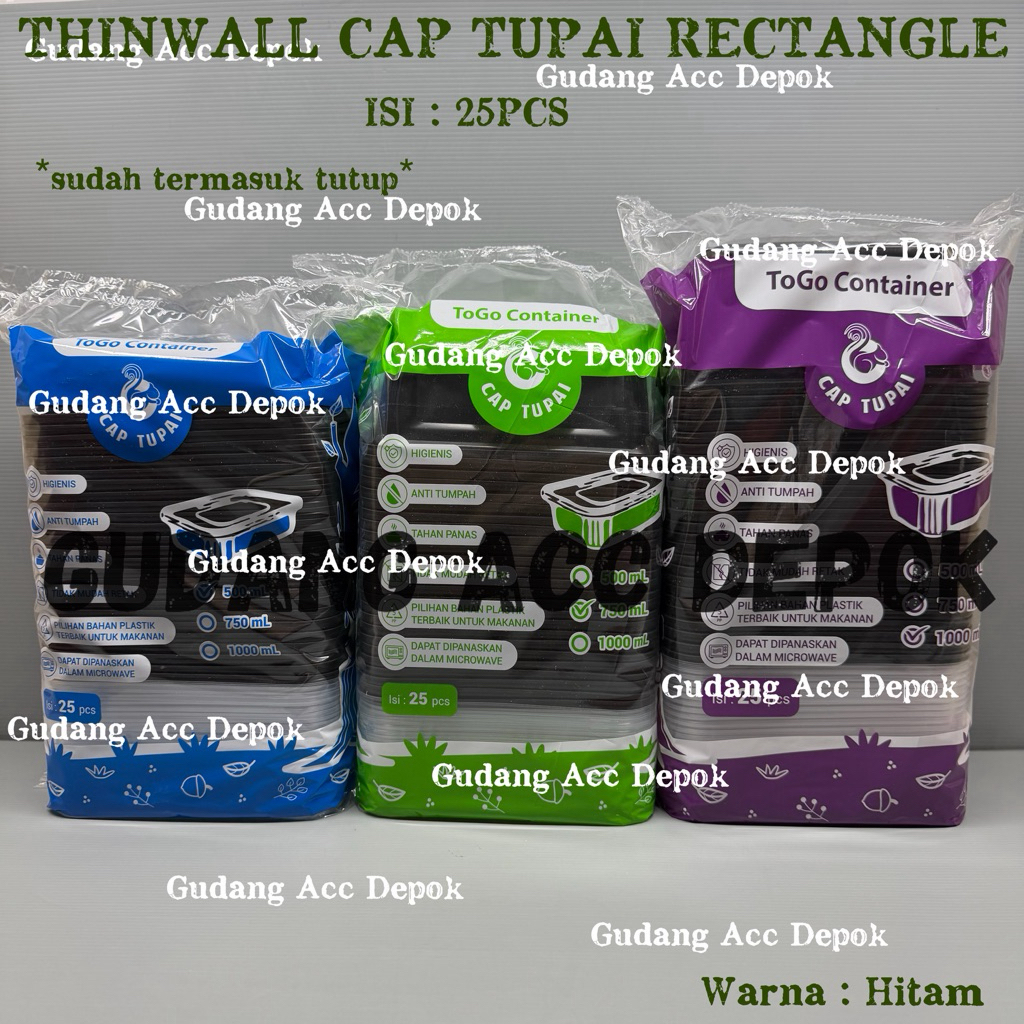 (ISI 25PCS) THINWALL KOTAK MAKAN PERSEGI PANJANG CAP TUPAI HITAM 500ML 750ML 1000ML | TEMPAT KOTAK M