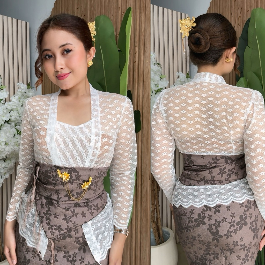 (Kebaya Saja) Kebaya Bali Jadi Strech Putih Brokat Ke Pura