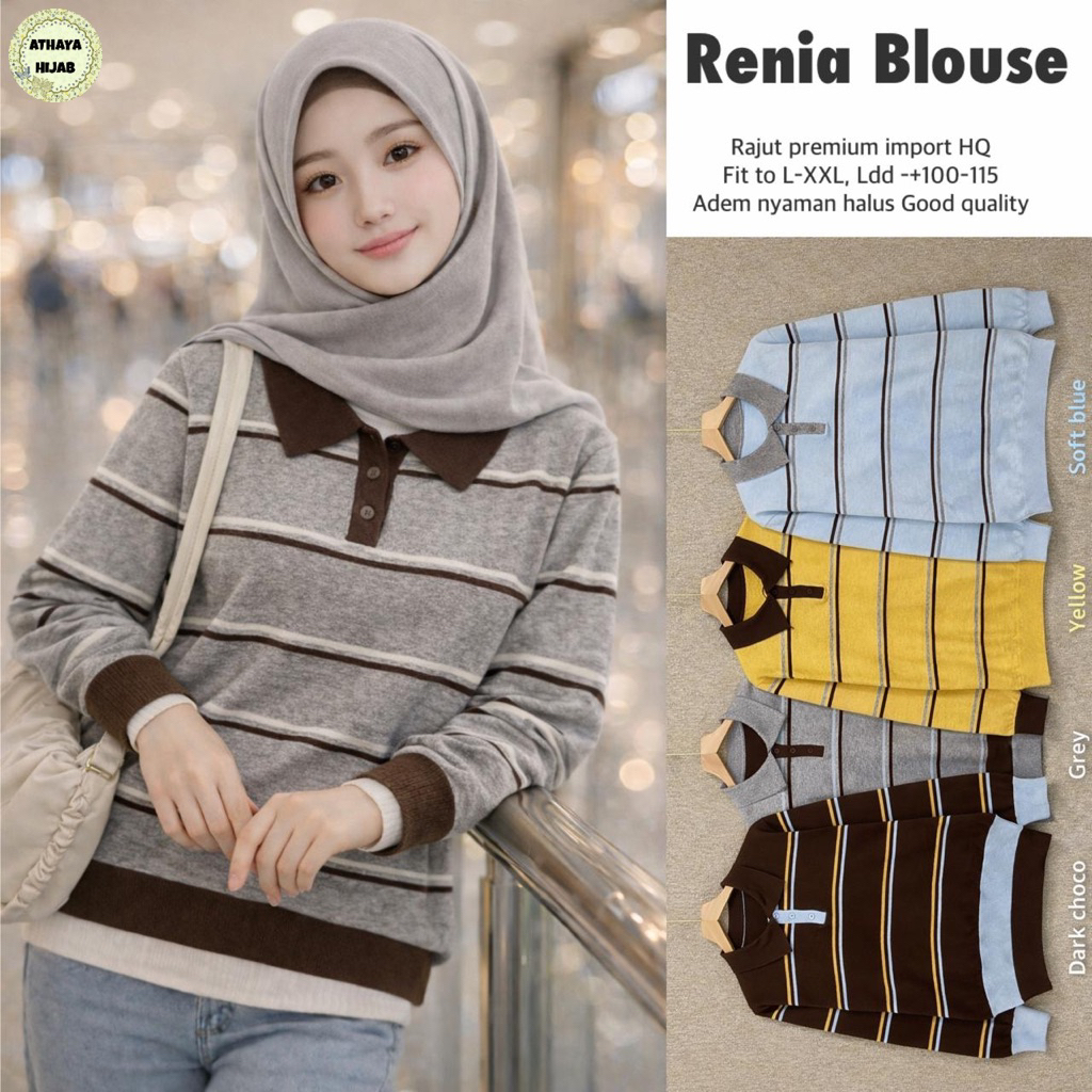RENIA DIRTA CERVI VEVIL CERRA KEYLI BLOUSE ORIGINAL BY ATHAYA HIJAB BAHAN RAJUT IMPORT HQ KNIT PREMI