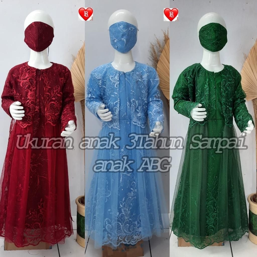AULYA KIDS - GAMIS BRUKAT TILE MUTIARA DEPAN BELAKANG KOMBINASI FURING WARNA HIJAU BOTOL WARDAH BIRU