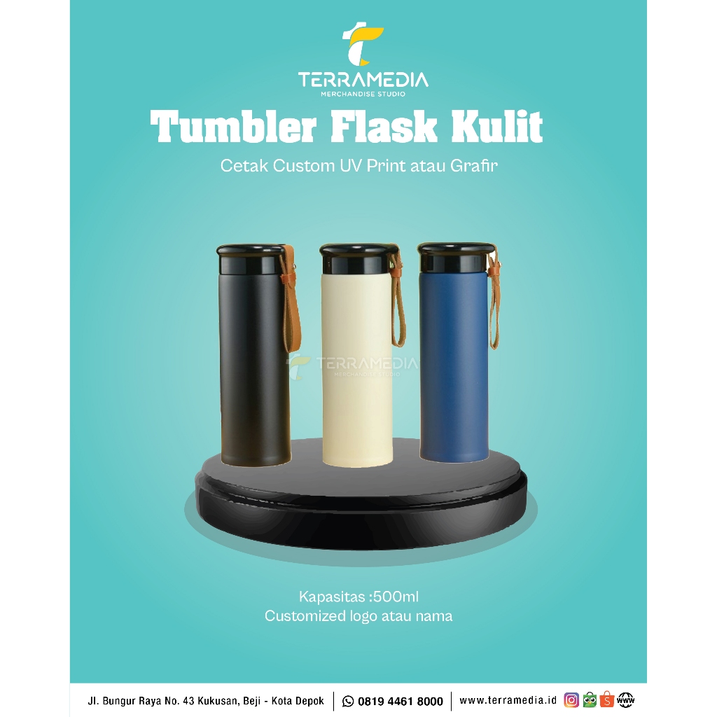 Tumbler Termos Tali Kulit Aesthetic 450ml Botol Minum Custom Laser Grafir Cetak Nama / Logo