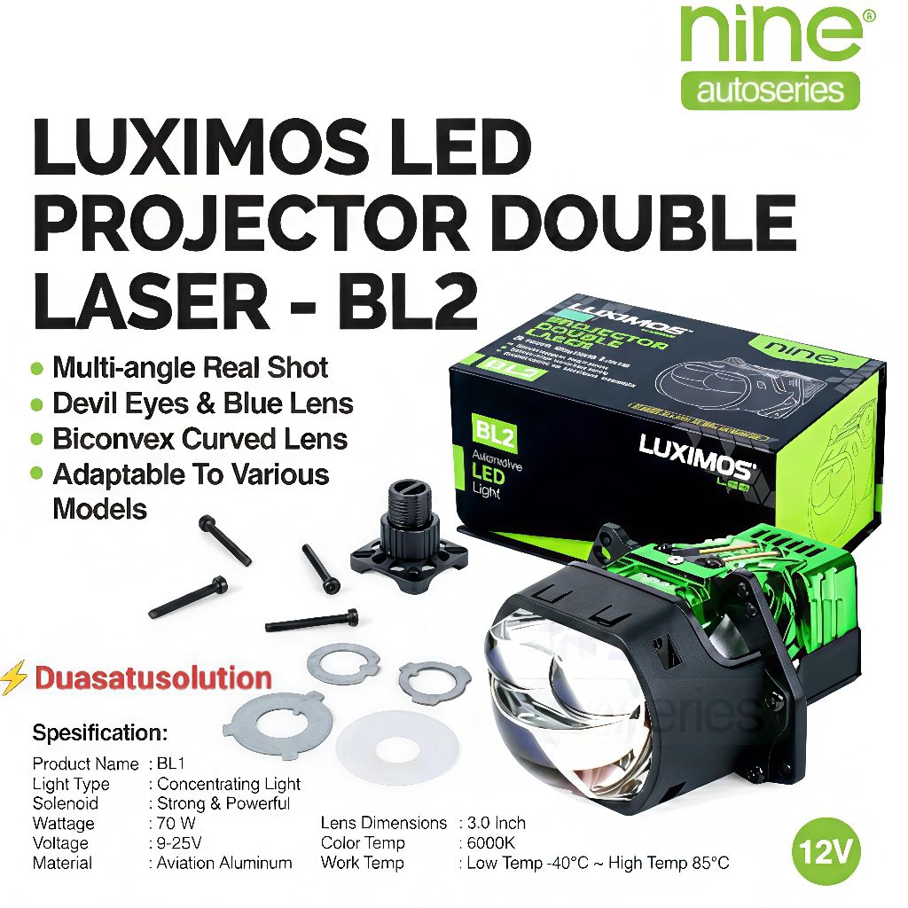 Lampu Biled Double Laser 70W 3 Inch Biled Laser Putih + Devil NINE LUXIMOS BL2 Super Terang
