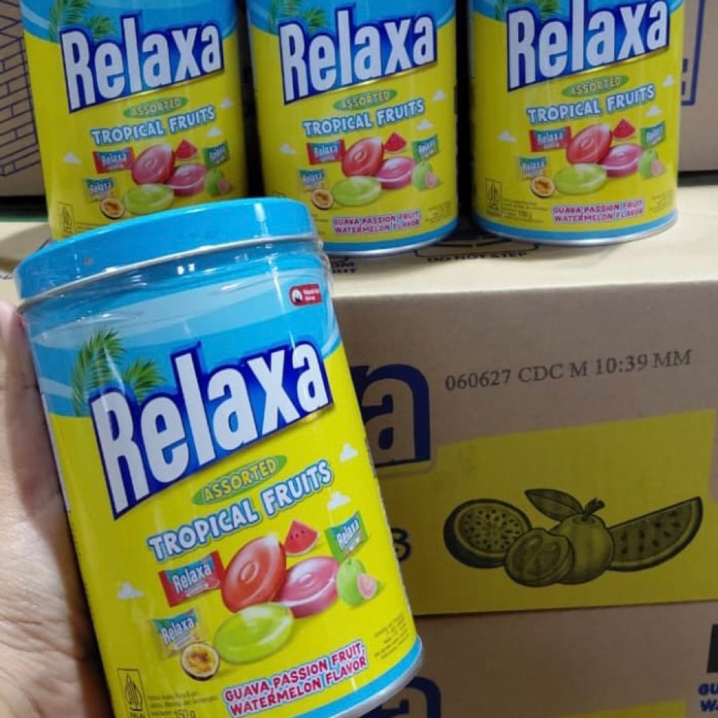 READY Permen RELAXA Assorted Tropical Fruit Kemasan Kaleng 150grJajan Lebaran