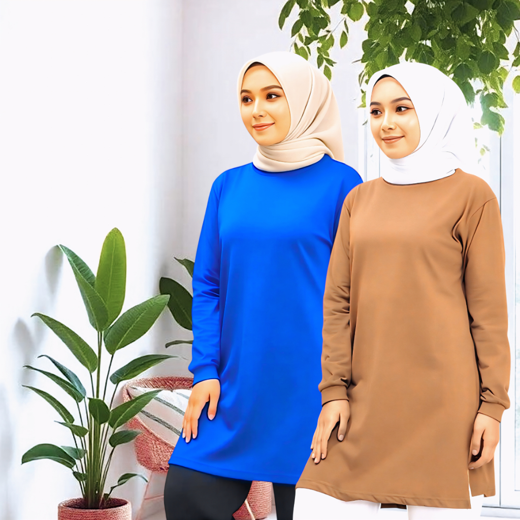 tunik kaos polos wanita muslimah lengan panjang dengan/bahan katun tunik kekinian