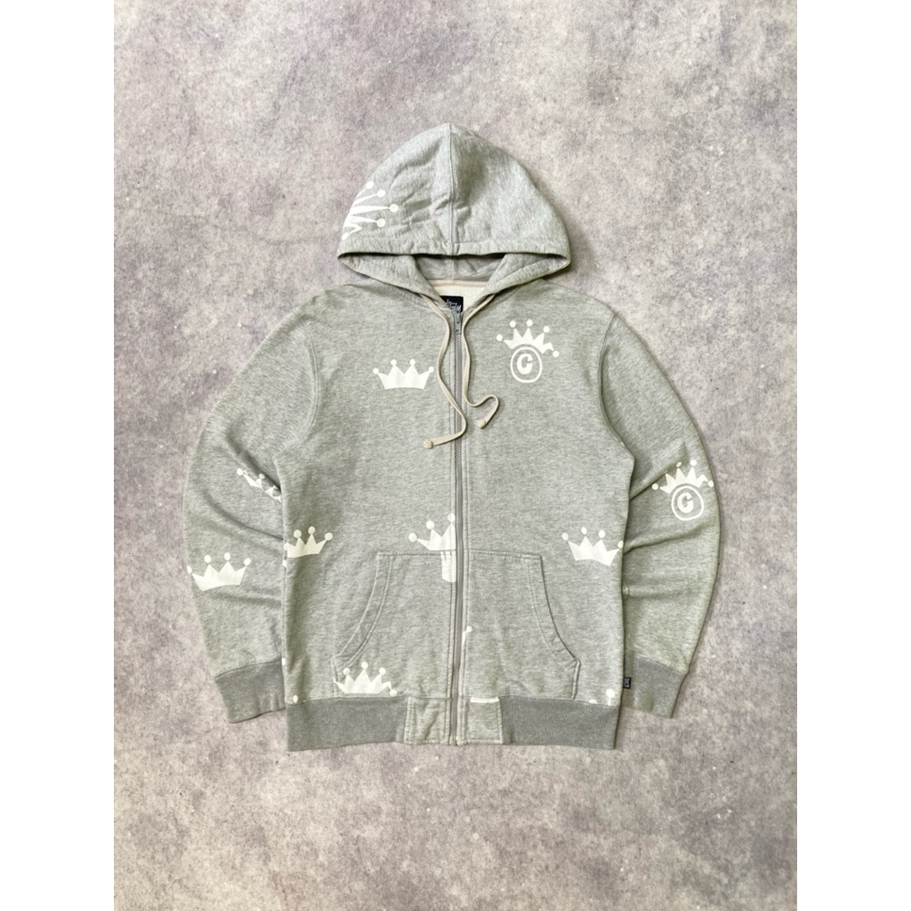 Vintage 00s Stussy Crowns Aop Logo Grey Zip Up Hoodie