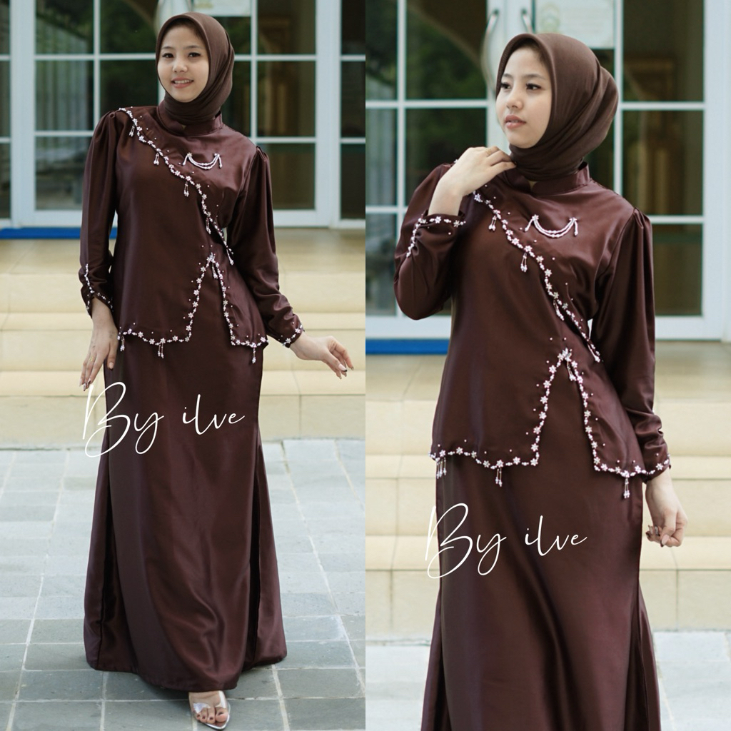 Yuriko Dress Cokelat Mahagoni Gamis Satin Premium Payet Bridesmaid