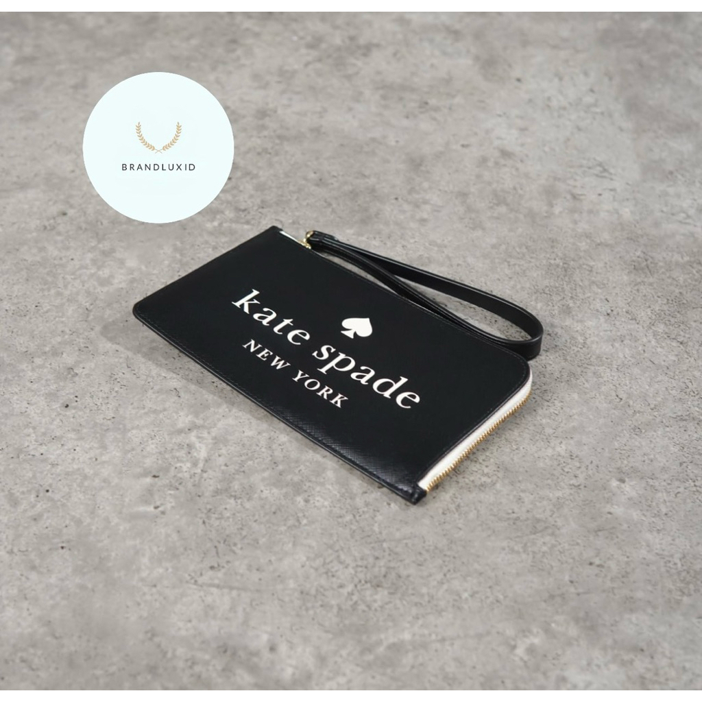 Kate Spade White L-Zip Card Wallet with Handle in Black