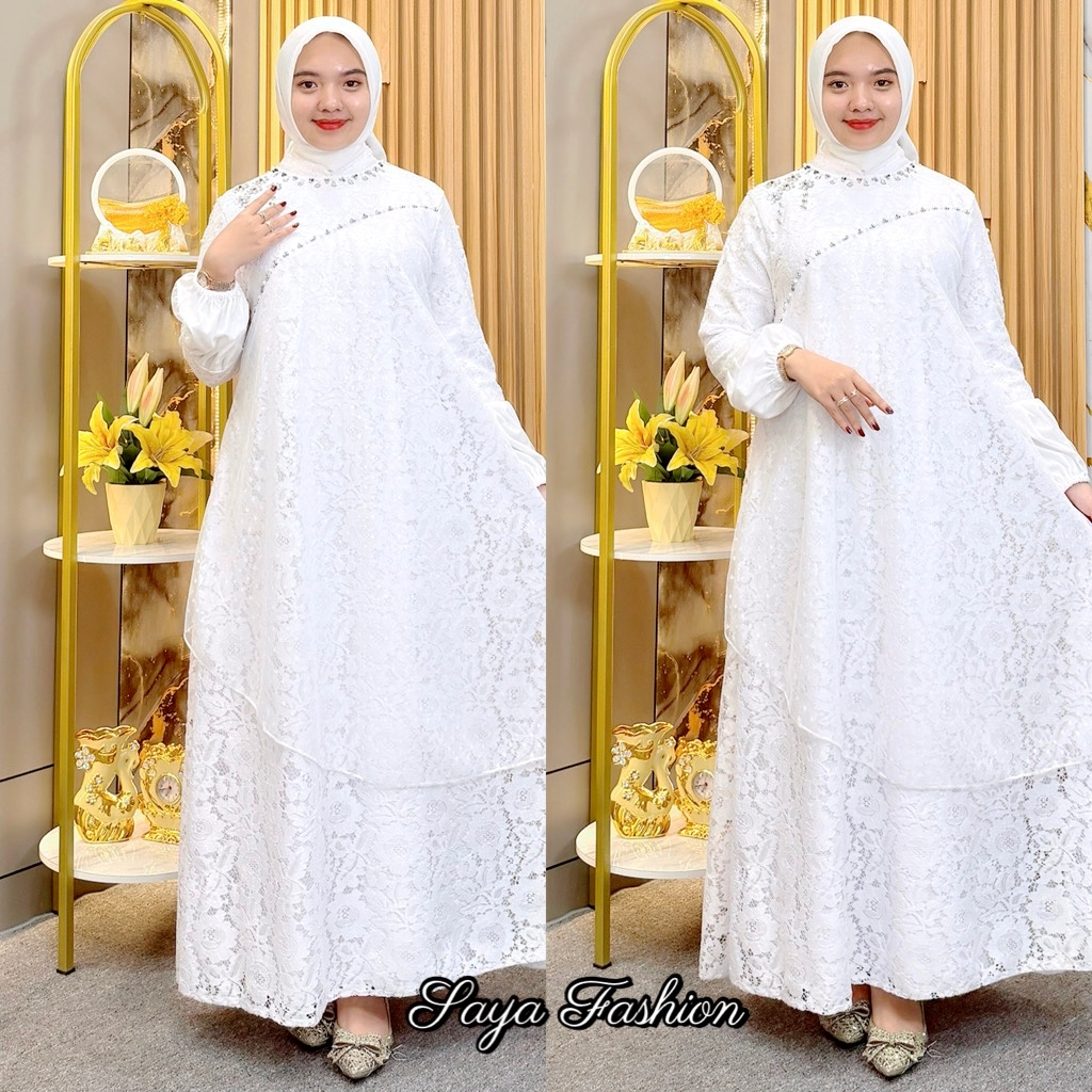 Gamis Brukat Layer Tile Tutu Putih Mutiara 7740 Premium