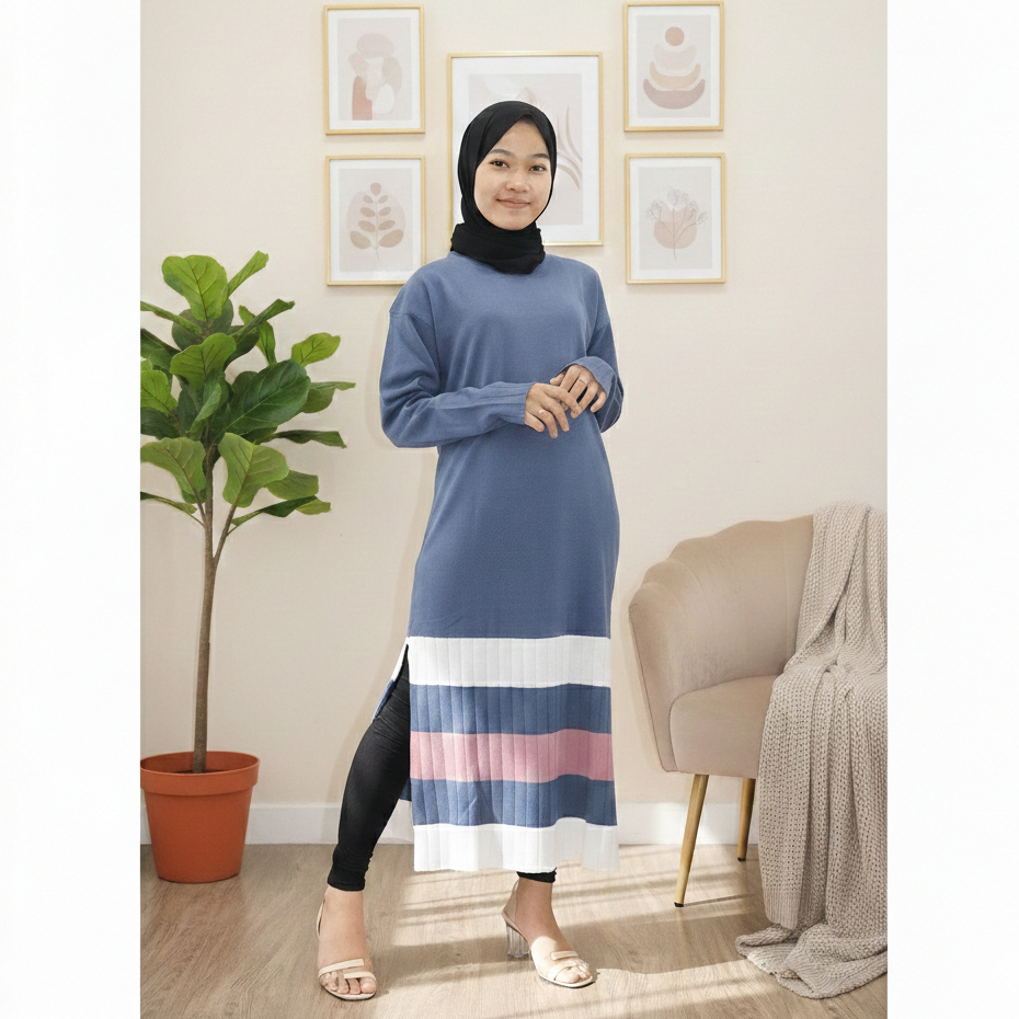 Adista Tunik / Baju Rajut Wanita Remaja Import Premium Tebal Motif Salur 3 Warna / Dress Rajut
